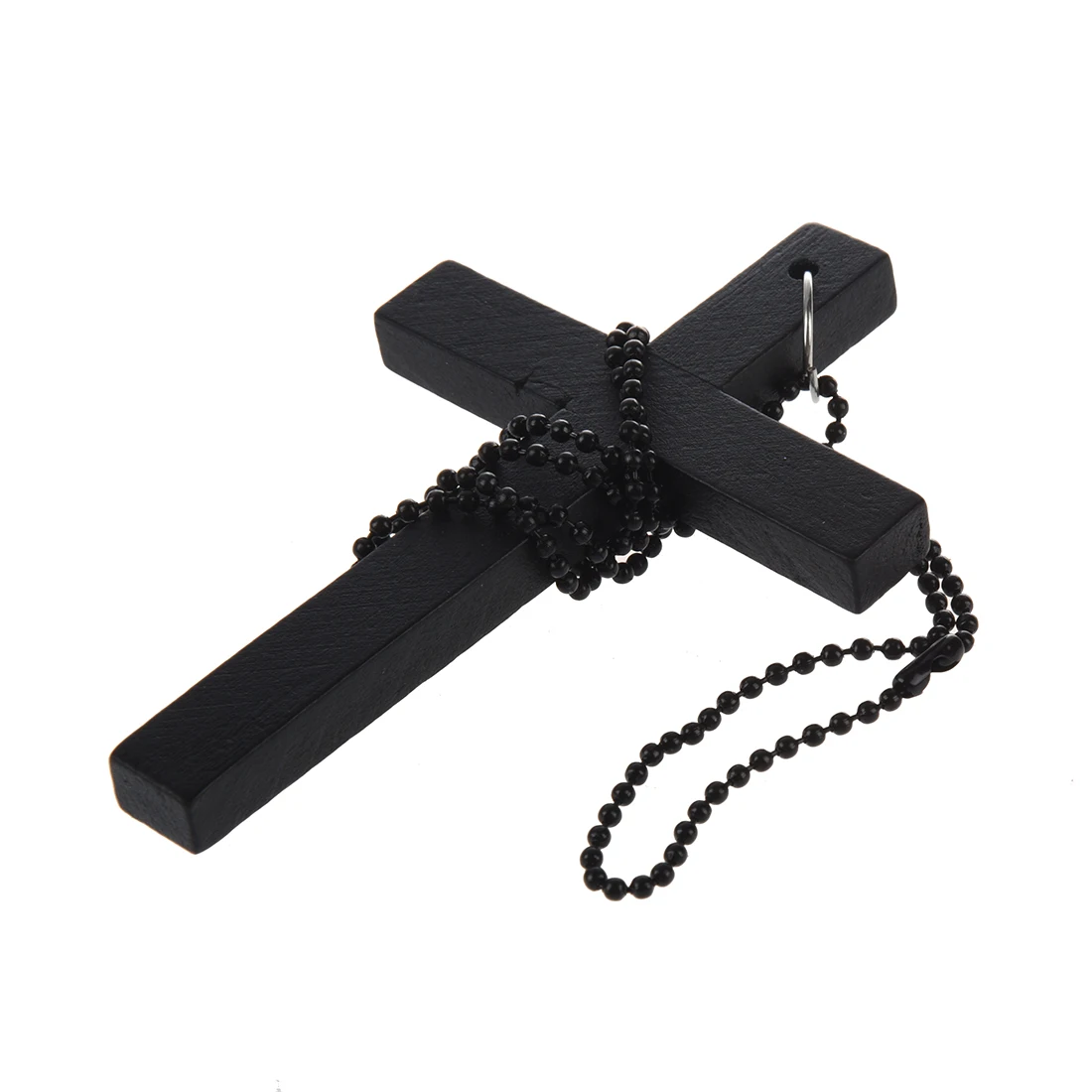 Durable Metal Beaded Chain Wooden Cross Pendant Necklace Black