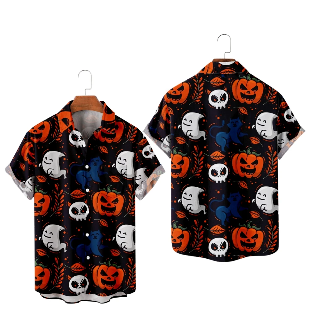 Casual Halloween Shirts for Men Bats Print Shirts Orange Short Sleeve Summer Beach Vacation Tops Breathable