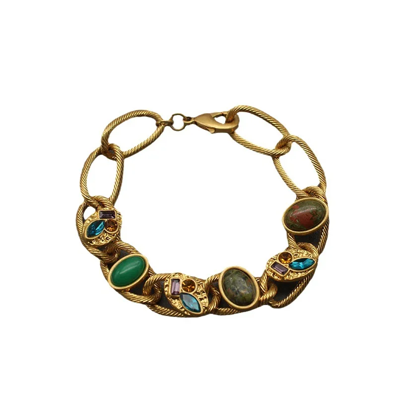 Gioielli medievali placcati in oro, bracciale con pietre preziose colorate, bracciale con gioielli, bracciale in oro da donna in stile medievale, stile esotico