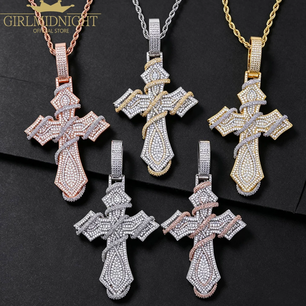 New Hip Hop Iced Out Thorns Cross Pendant Necklace For Woman Man Bling Silver Color CZ Barbed Wire Wrapped Cros Charm Jewelry