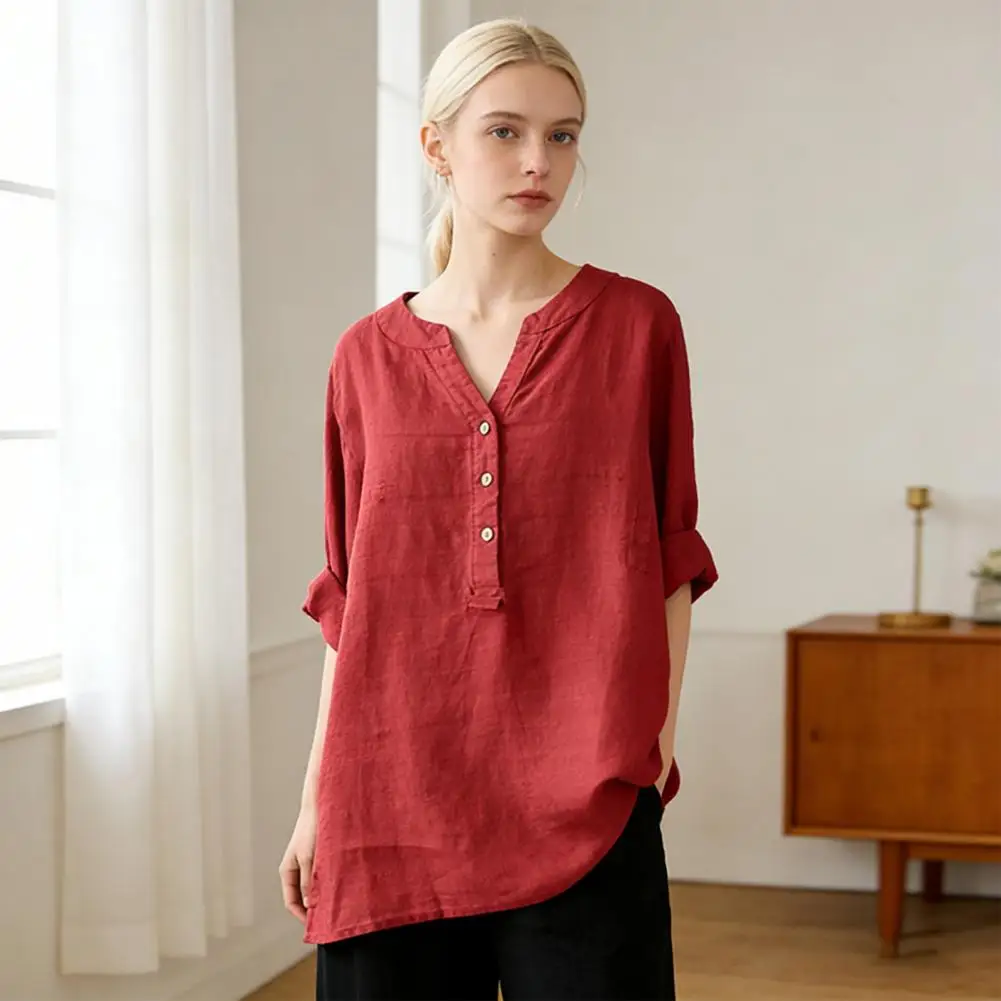 

Women Tops V-neck Buttons Half Placket Long Sleeve Mid-length Pullover Tops Loose Fit Pure Color Casual Tops Daily Wear
