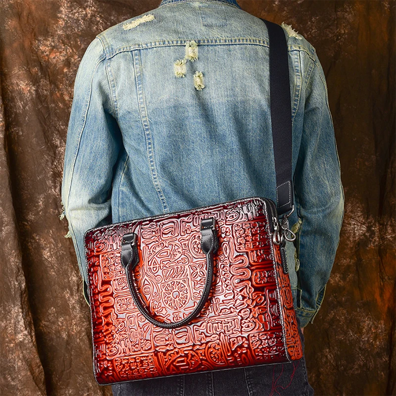 Genuine Leather Briefcase for Man Top Layer Emboss Vintage Cowhide Luxury Advanced Laptop Notebook Handbag Shoulder Business Bag