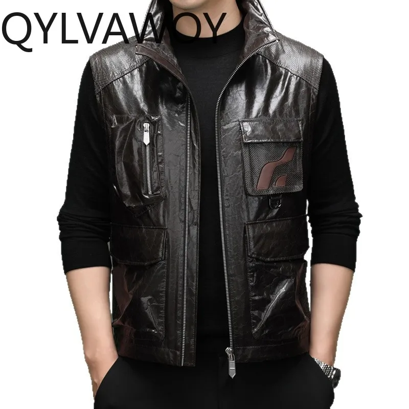 QYLVAWOY Real Cowhide Men's Leather Jacket Vest Spring  Autumn Motorcycle Jacket Lapel Zipper Coat Short Jackets for Man Casual