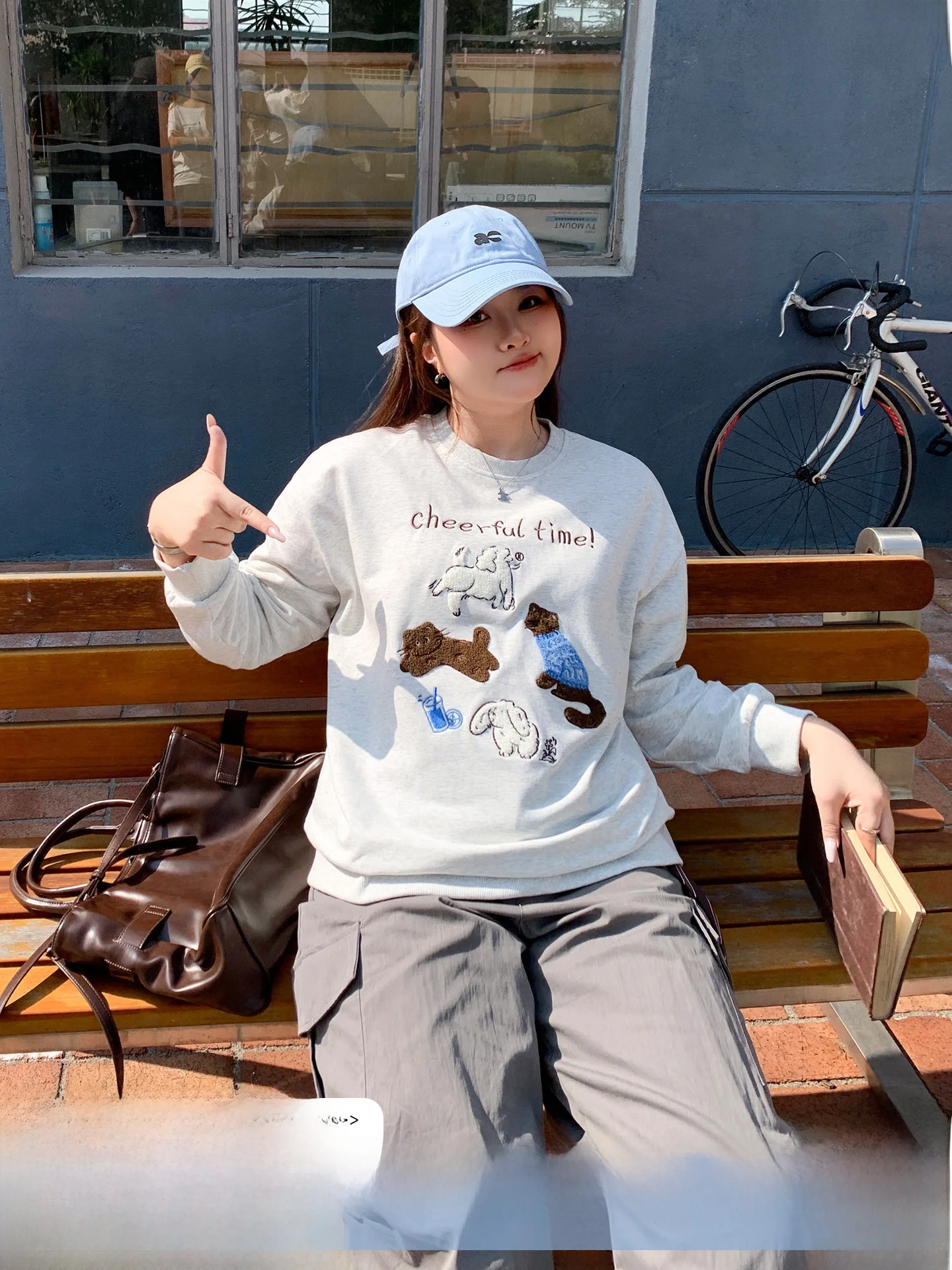 

YUZI Casual Cartoon Embroidered Sweatshirt Loose Fitting Lazy Flower Grey Long Sleeve Top plus Size Women's Fashion Spring