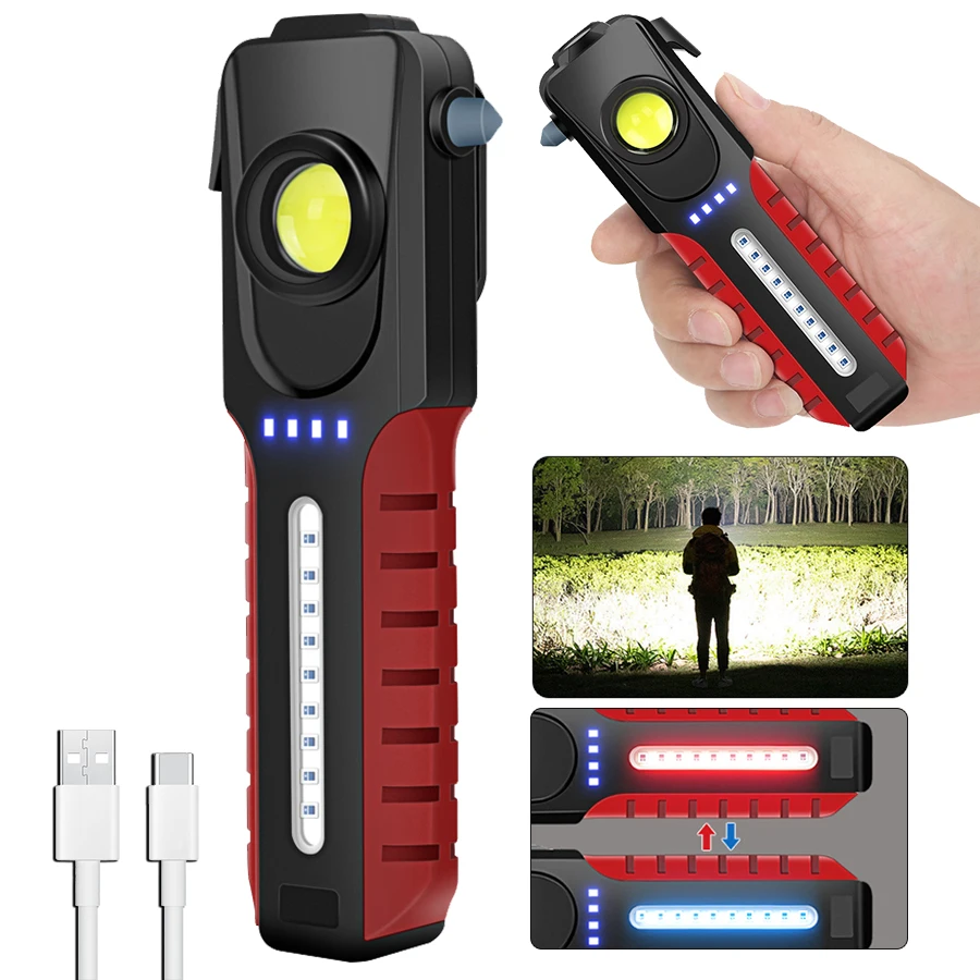 New Multifunctional Super Bright LED Flashlight Side Light COB Built-in Battery USB Charging With Magnet Torch Safety Hammer