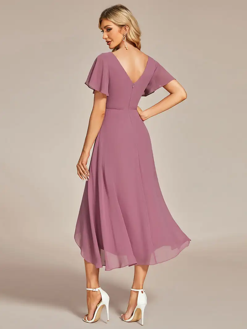 Elegante Abendkleider mit V-Ausschnitt, hohem, tiefem Rüschen, versteckter Reißverschluss, bis zur Mitte der Wade 2025, Ever Pretty von Brautjungfernkleidern aus Chiffon-Orchideen