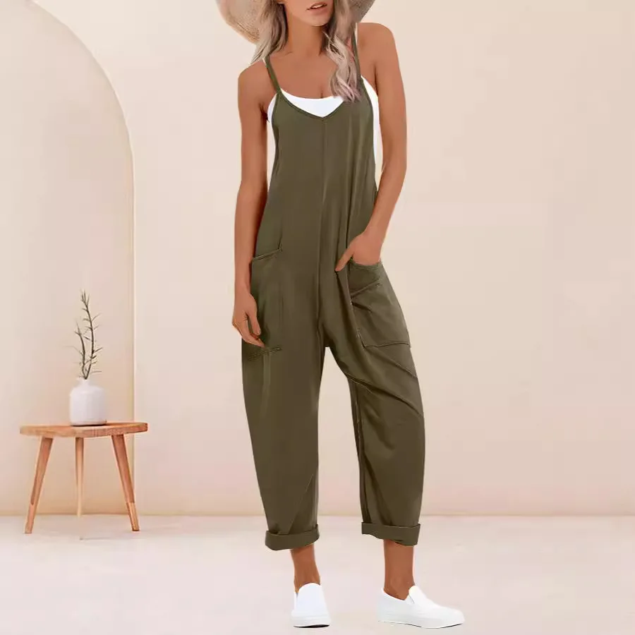 

Женский комбинезон на подтяжках большого размера, длинные брюки с высокой талией, женские брюки из полиэстера с бретелями, лето 2024 г.