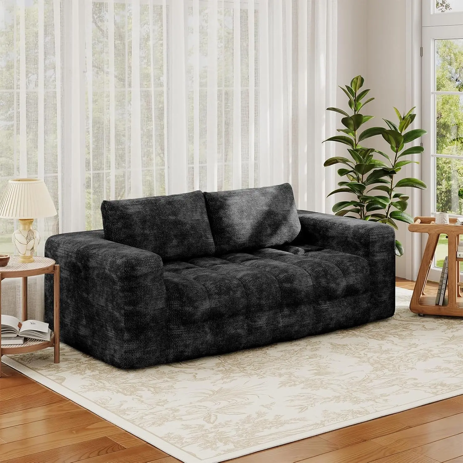 Oversized Cloud Tufted Loveseat Deep Seat Memory Foam, 3 Seater Chenille Sofa Apartment No Assembly Black, Customized
