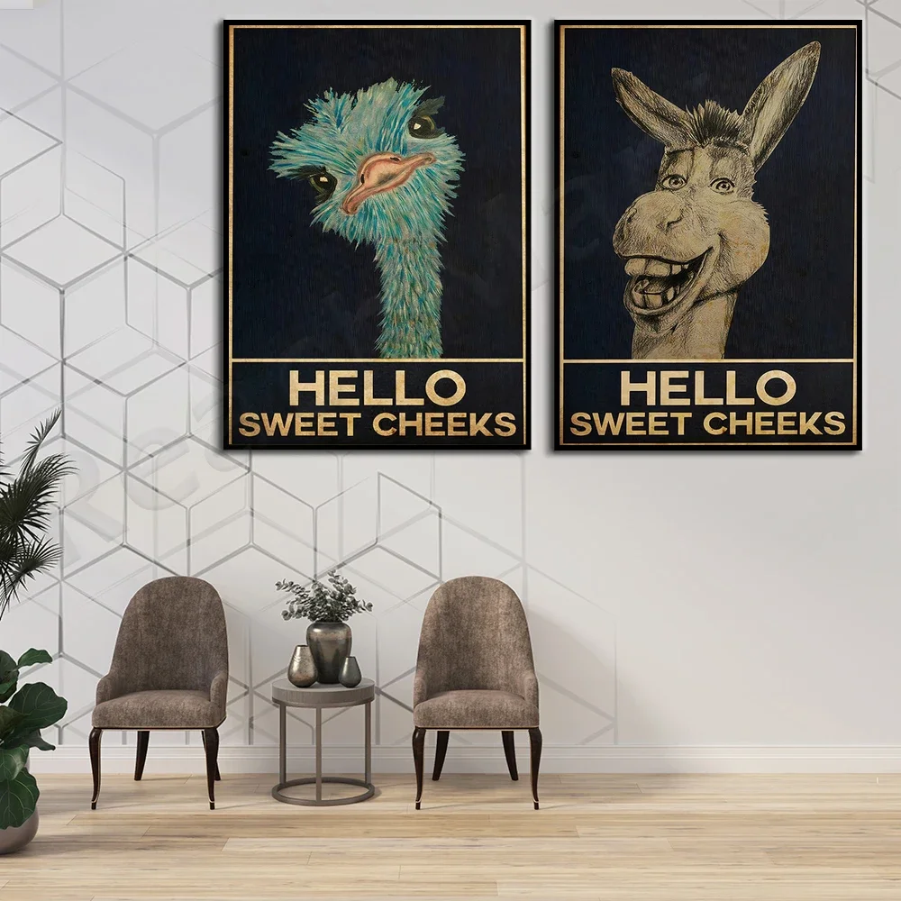 Donkey, ostrich hello sweet cheek poster, funny comedy animal art print, wall art decoration, retro, quote design, funny