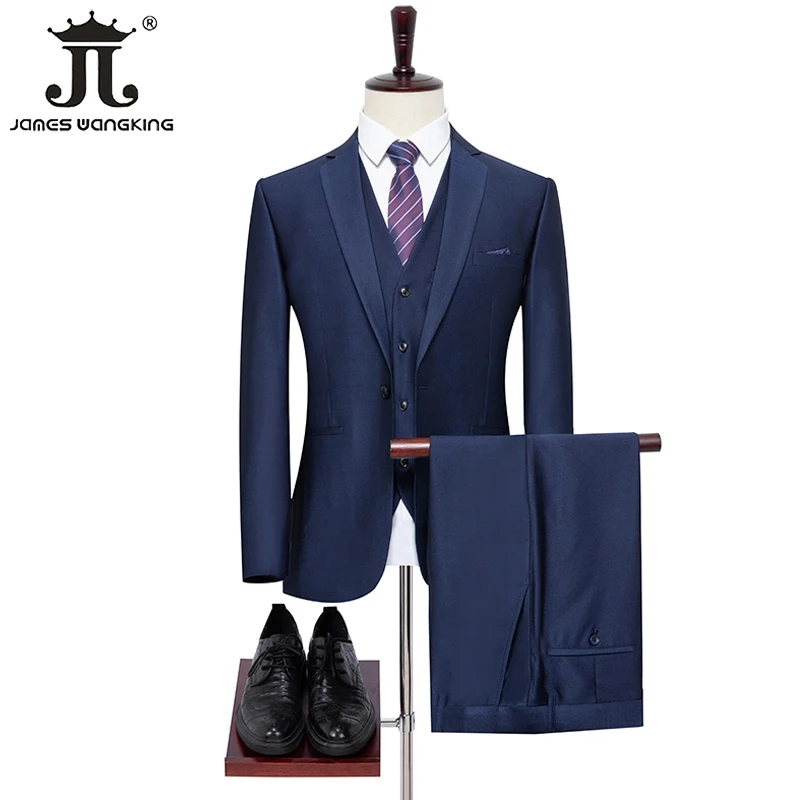 

( Jacket + Vest + Pants ) Fashion Solid Color Elastic Men's Official Office Business Blue Suit 3 Pieces Set Groom Wedding Gown