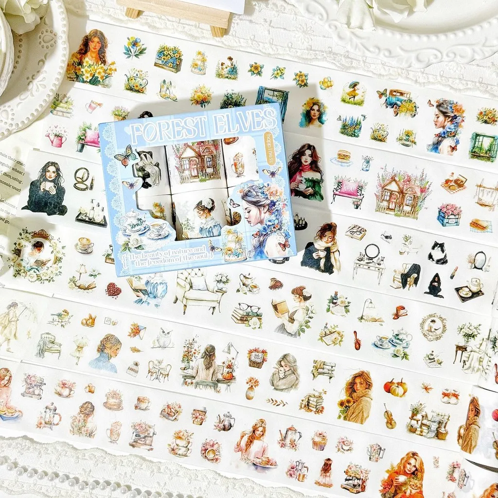 Journamm 6rolls/box PET Character Tape Washi Paper Tape Stickers for Journaling and Scrapbooking Decorative Tape DIY Arts Craft