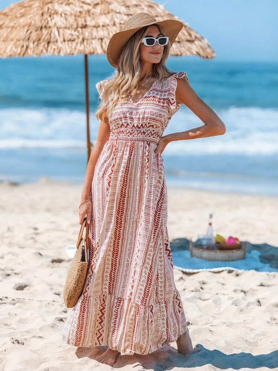 

Women's Bohemian Print Maxi Dress with Cinched Waist, V-Neck, Short Flutter Sleeves for Beach Summer