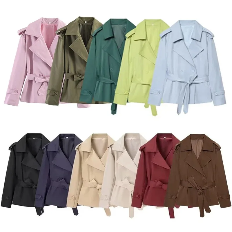 2026 Fall New Women's Solid Color Long Sleeve Tie-Front Cropped Trench Coat, European and American Stylish Casual Date Outfit