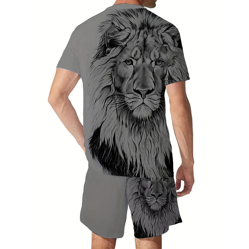 Plus Size 3D Lion Print Men\'s Cool T-shirt Shorts Set For Sports fitness Summer Street Style Oversized Graphic 2Pcs Men Clothing