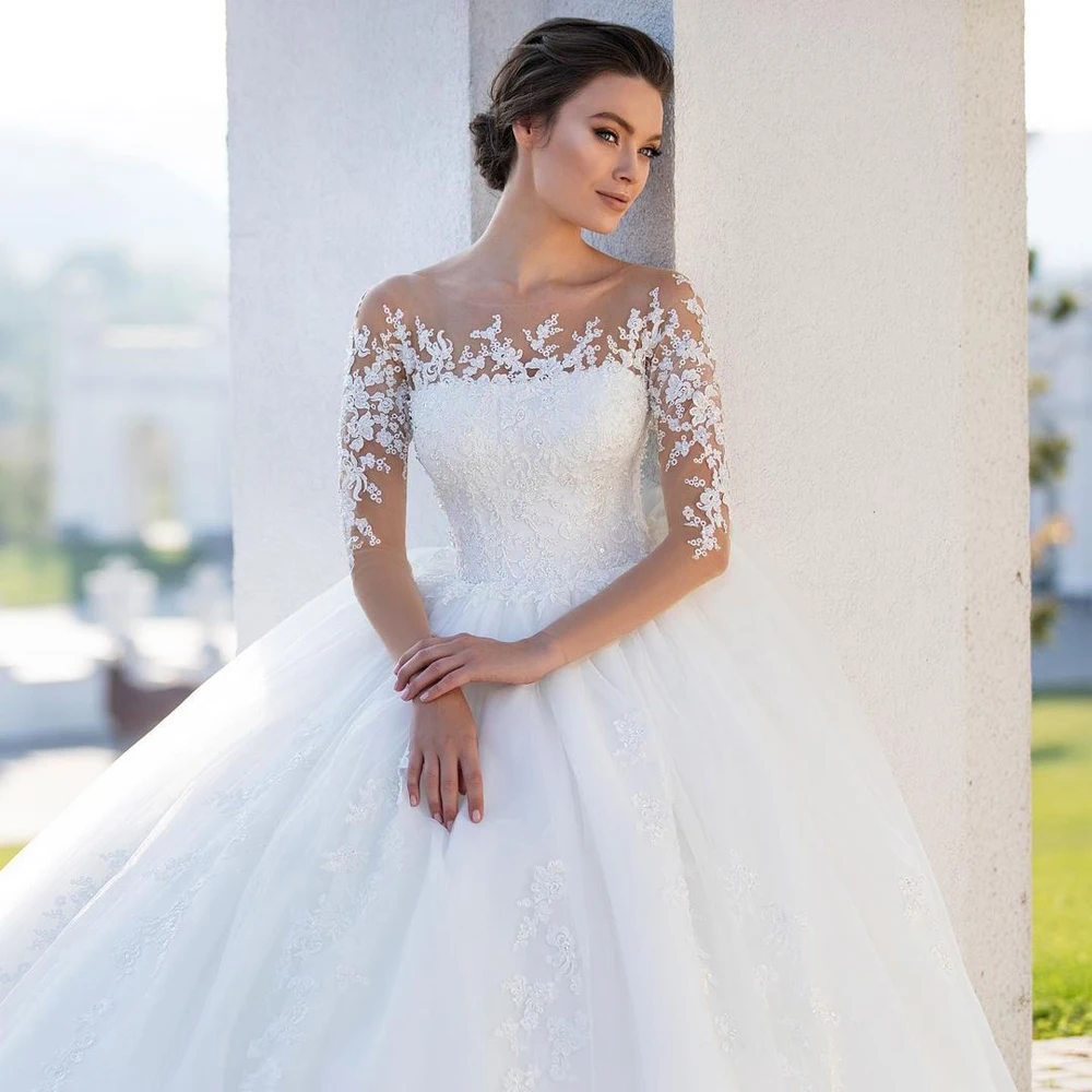 Elegante brilhante cetim feminino vestidos de casamento a linha sem costas rendas mangas compridas esfregar comprimento bola vestidos de novias personalizado