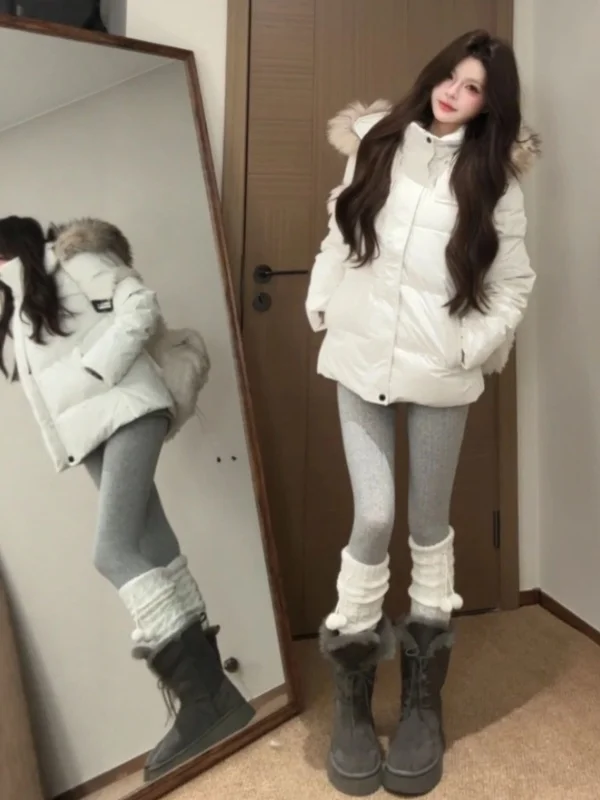 

Korean Style Women's Thickened Warm Cotton Jacket with Large Fur Collar Hooded Spring Popular Outerwear Commute Casual Long S...