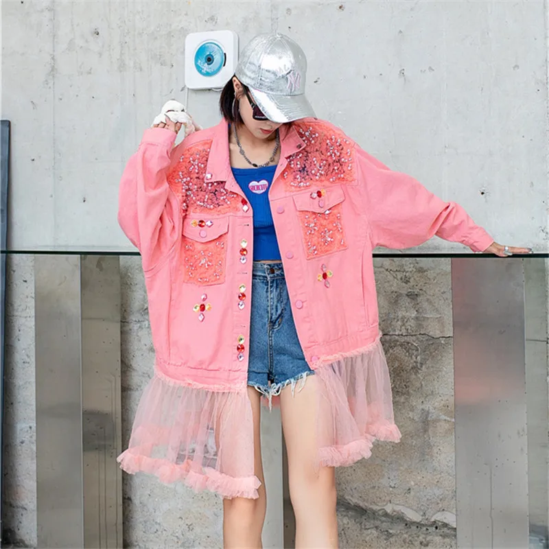 Beaded Sequins Diamonds Mesh Patchwork Pink Denim Jacket Spring Autumn Women Casual Lapel Long Sleeve Jeans Jacket Streetwear