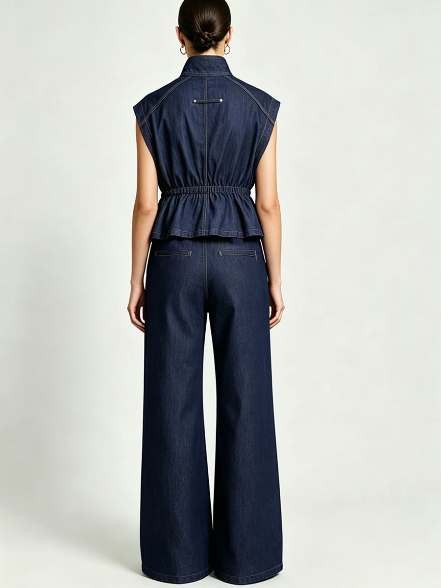 LIMO Women Dark Denim Outfit Sleeveless Stand Collar Drawstring Waist Vest Wide Leg Flare Pants Casual Jean Matching Sets