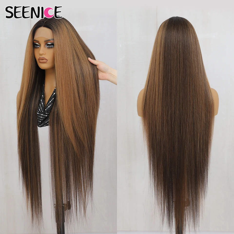 

Ombre Brown Copper 40 Inch HD 13x6 Long Straight Lace Wig Highlight Synthetic Lace Front Wigs Pre Plucked Purple Pink Afro Wigs