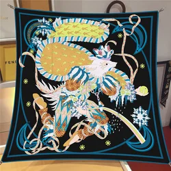 90cm High Luxury Brand Twill Silk Scarf Women Comic Fox Ropes Print Curled Square Scarves Echarpes Foulards Femme Wrap Bandana