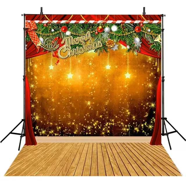 Merry Christmas Backdrop Wooden Floor Printed Glitter Stars Balls Green Leaves Red Curtains Xmas Party Stage Photo Backgrounds