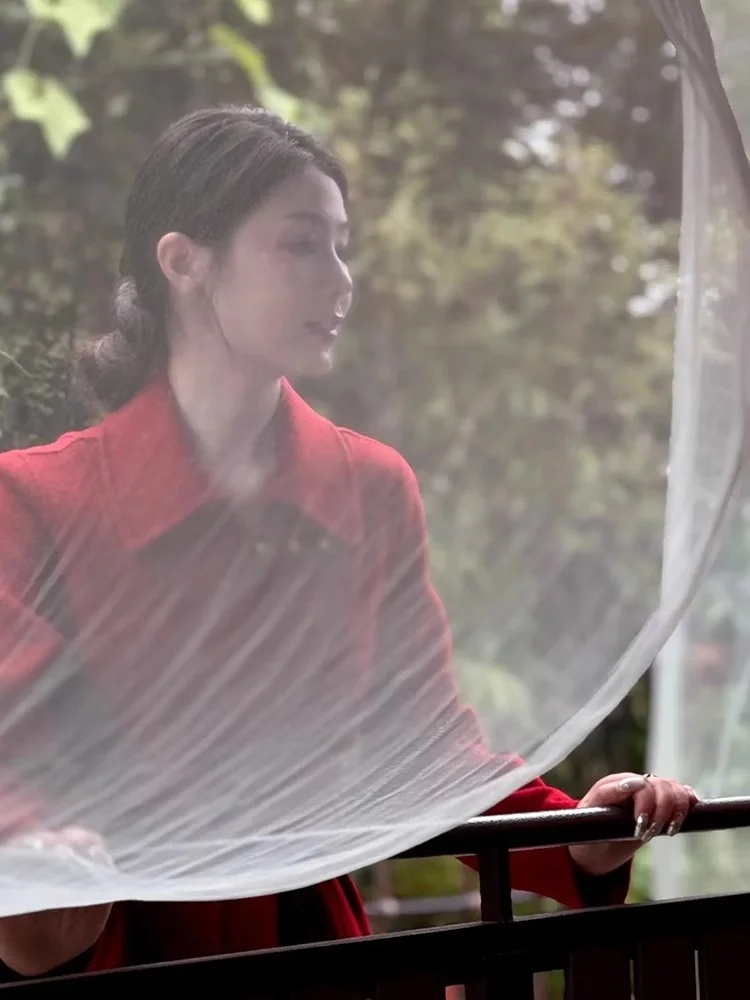 

Двустороннее кашемировое шерстяное пальто женское, элитный стиль, новогодний наряд, красное, модная верхняя одежда, корейская версия, прямой крой