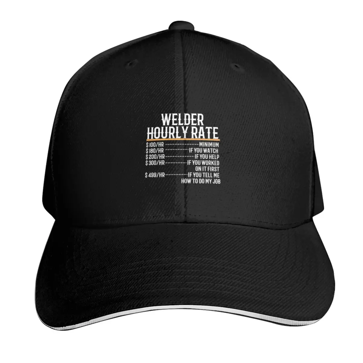 Welder Hourly Rate Baseball Cap Cotton Twill Breathable Contrast Two Tone Brim Snapback Flat Bill