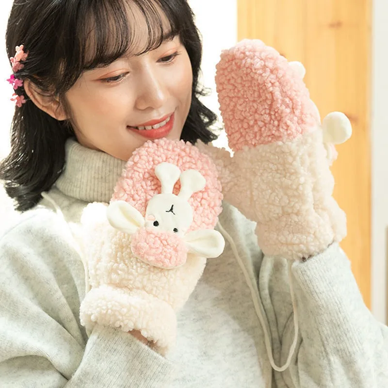 Cute Sheep Doll Soft Plush Gloves Women Winter Warm Thick Velvet Lamb Mittens Girls Students Outdoor Hand Guards Christmas Gifts