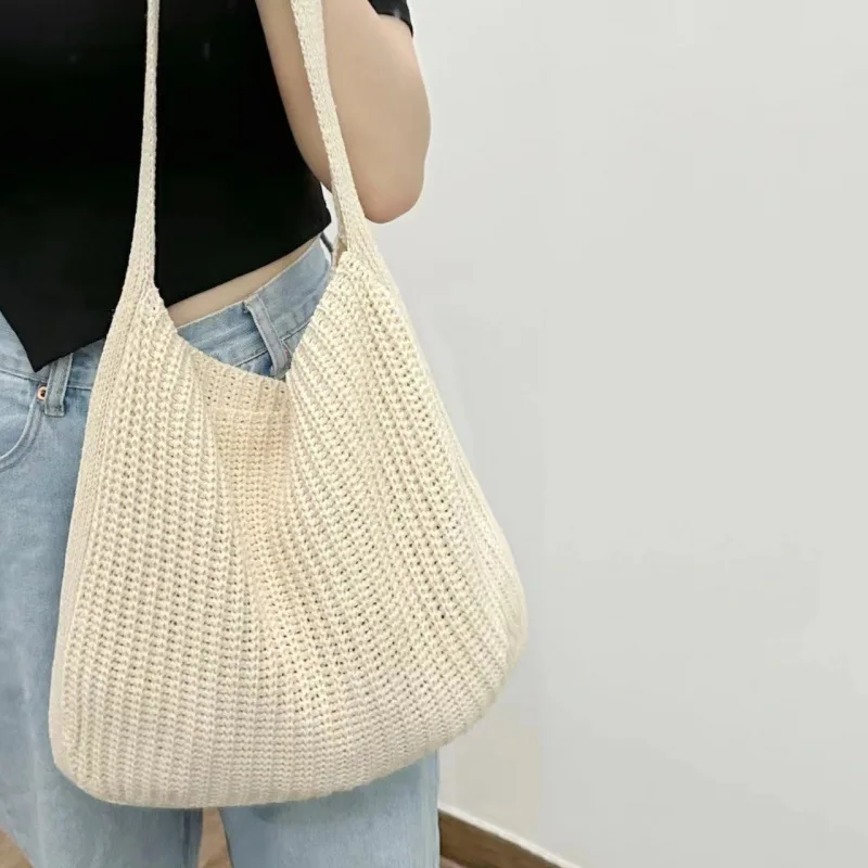 Bolsa de ombro tricotando grande capacidade para mulheres, versátil, monocromática, casual tiracolo, bolsa de compras, coreana