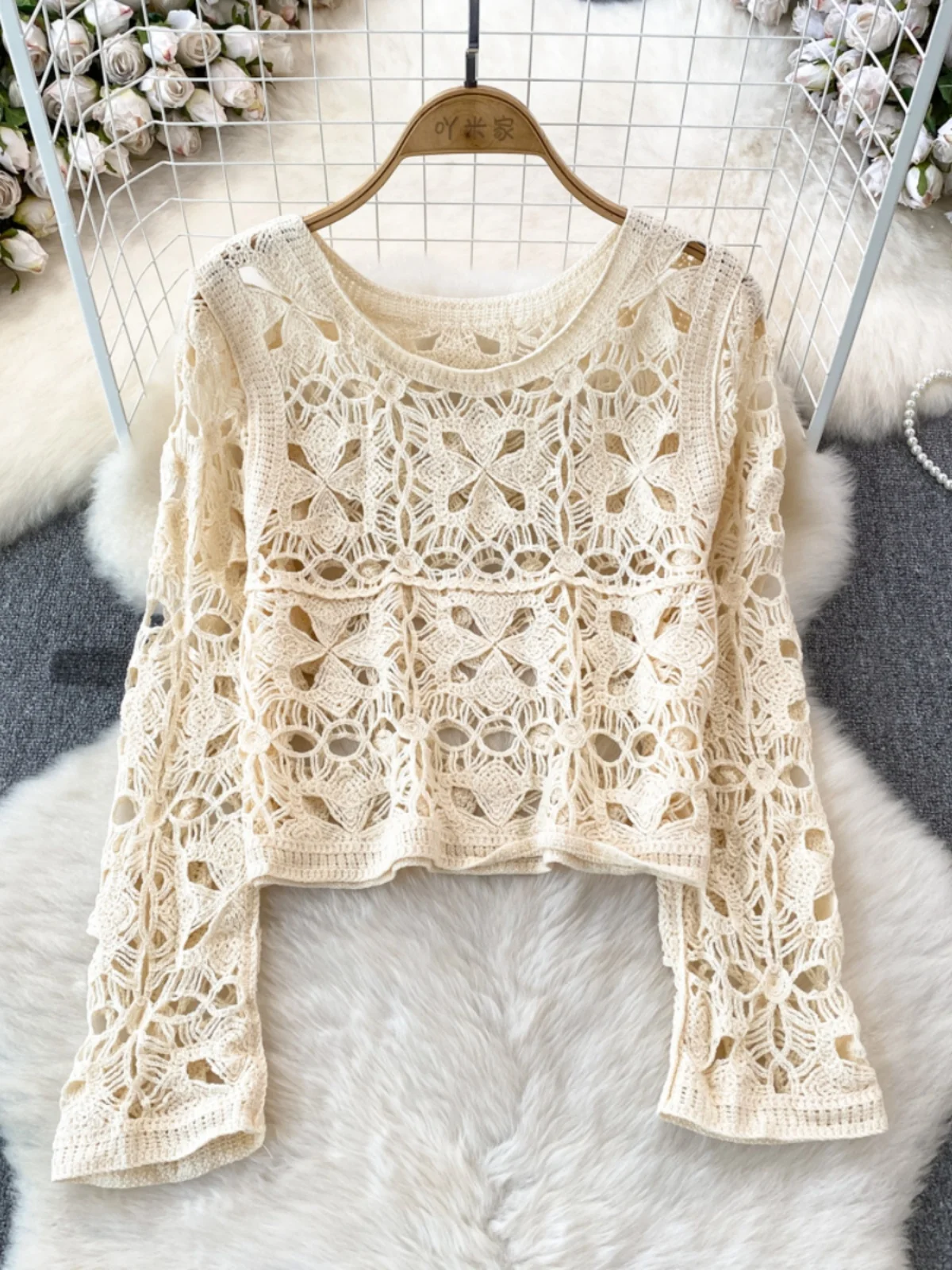 2024 Spring Summer Pullovers Tops Korean Fashion Long Sleeve Women Hollow out Knitted Shirt Round Neck Hook Flower Knitwear