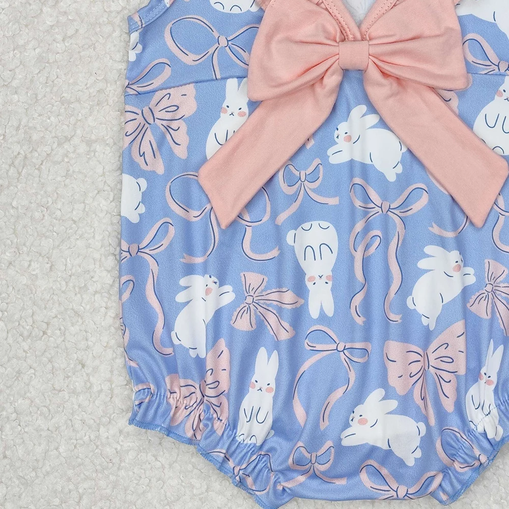 SR2583 Baby Infant Girls Easter Rabbits Bows Sleeveless Rompers