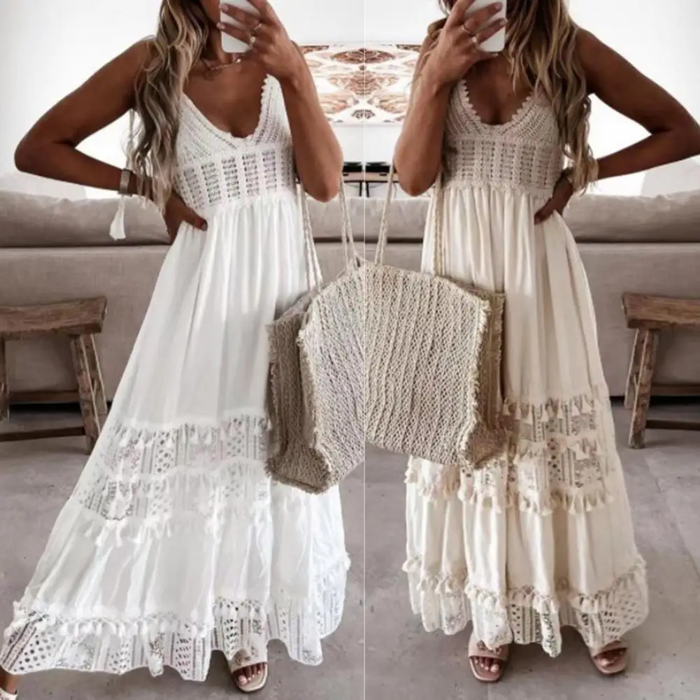 

Dress Sexy Women Sleeveless Lace Flowers Solid Color Comfortable Long Maxi Dress Maxi Dress Female Clothing Dress Lady Vestidos