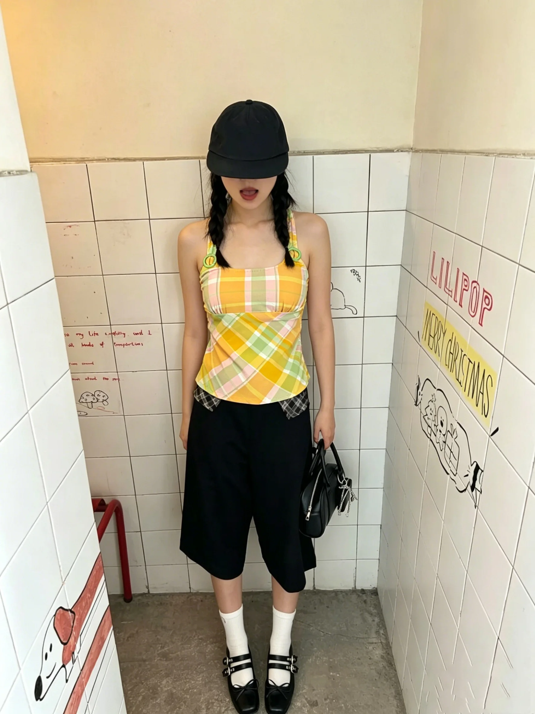Chaleco Halter Vintage Japonés a Cuadros, Sexy, Sin Espalda, Sin Mangas, Ajustado, Estilo Y2K, Top, Prenda Exterior, Camisola, Ropa de Mujer, Moda