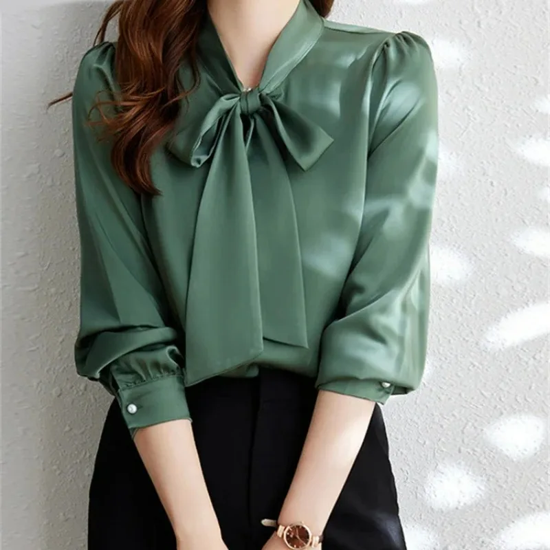 New 2024 Lace Up Blouse for Women New Fashion Office Ladies Long Sleeve Tops Vintage Casual Pullover Slim Cozy Chic Shirts