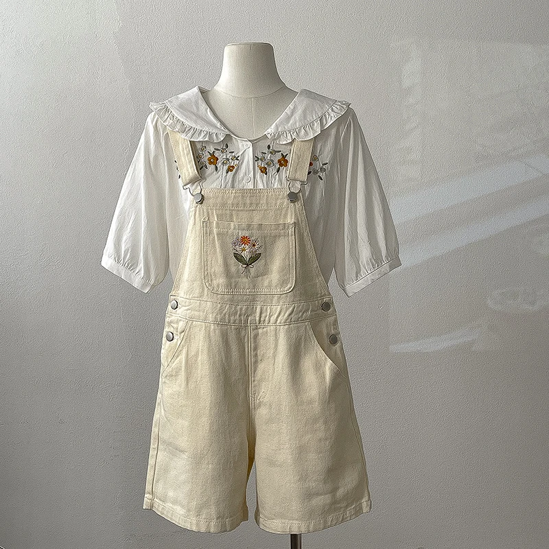 

Women Embroidered Shoulder Strap Shorts Summer Apricot Wide Leg Straight Playsuits Female Loose Casual Suspender Jeans