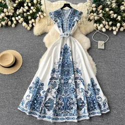 2024 Summer Women Clothing Runway Fashion Paisley Print Flying Sleeve V-Neck Single Breasted Belted Vintage Party Long Vestidos