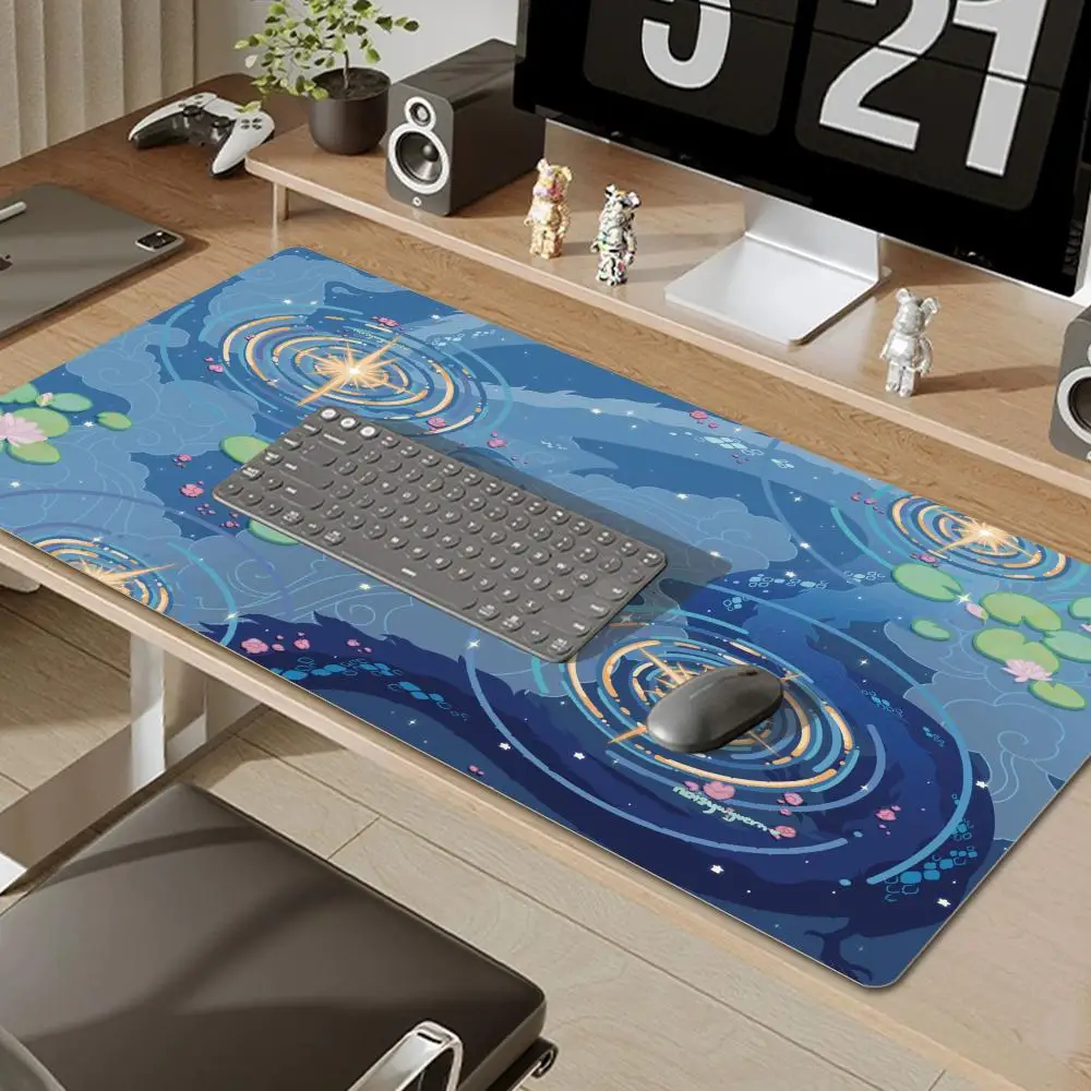 Blue Pond Lotus Leaves Star Twinkling Mouse Pad Large Computer Keyboard Pad Natural Rubber Anti-Slip Perfect Gift for Friends