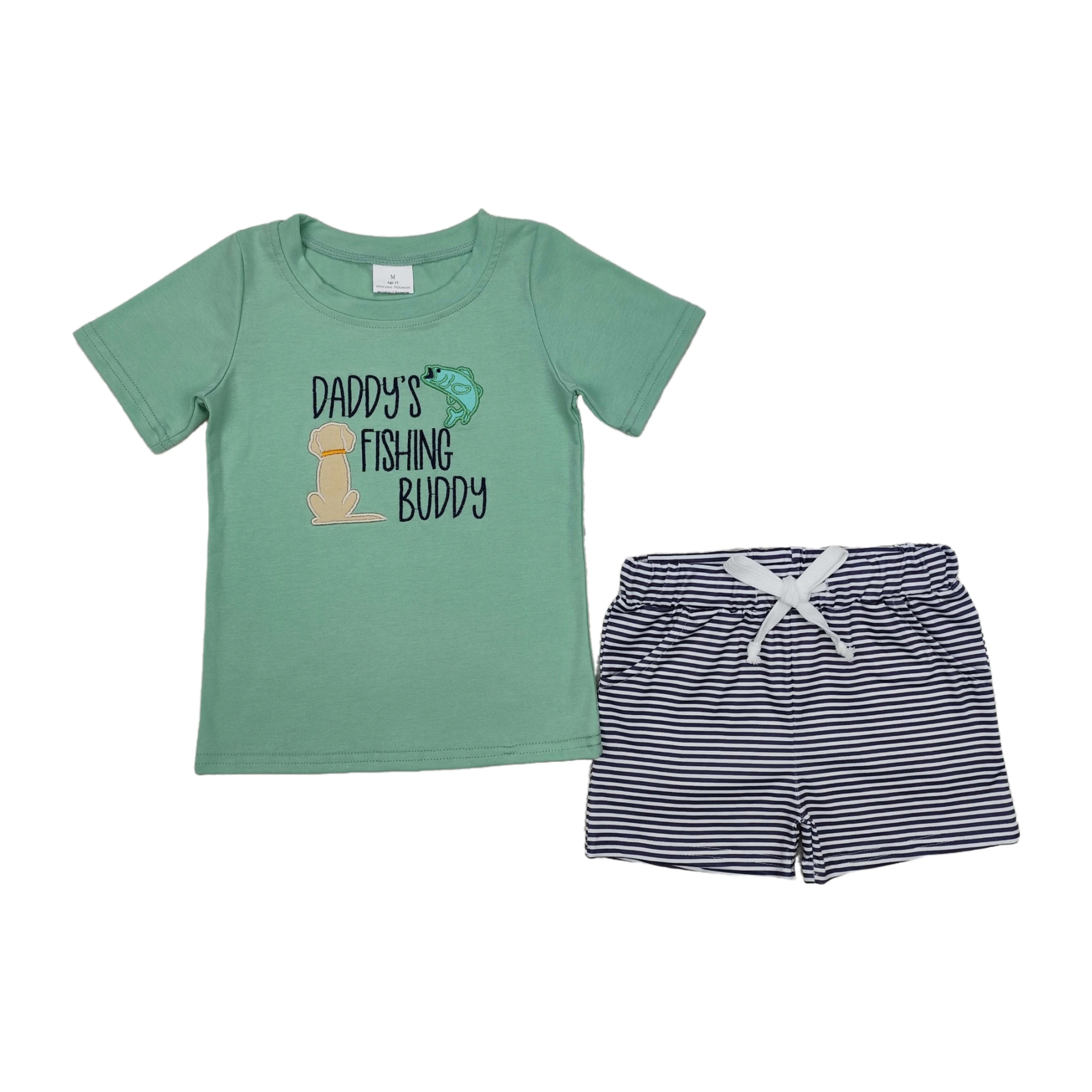 Wholesale Children Father's Day Outfit Baby Boy Set Summer Daddy's Fishing Green Embroidery Tops Kids Dog Pocket Shorts Clothes