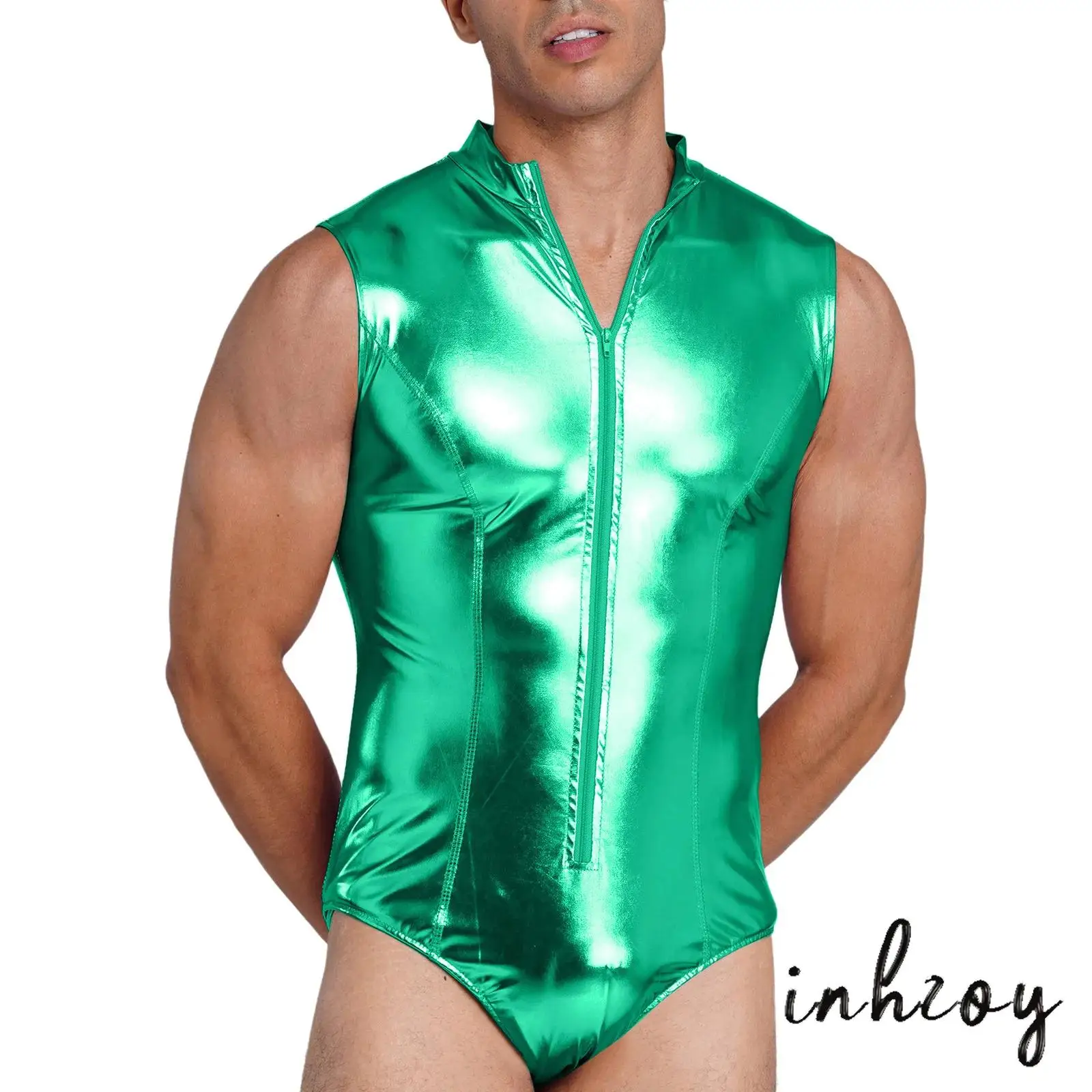Men Metallic Party Bodysuit Mock Neck Sleeveless Front Zipper Leotard One Piece Bathing Suit Clubwear for Disco Pole Dancing
