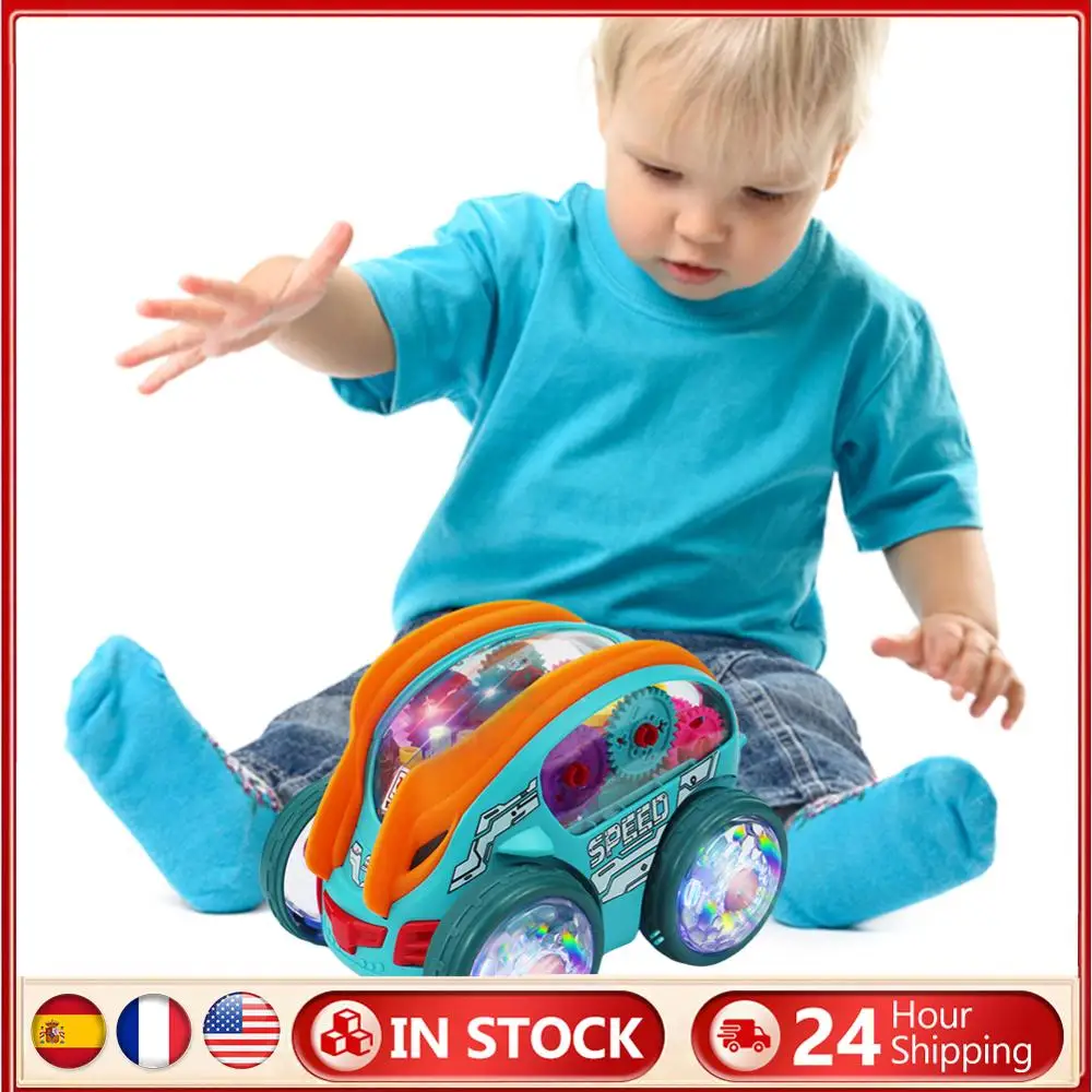 

Dynamic Gear-Powered Car with LED Lights Bump and Go Toy Car with Colorful Moving Gears Toddler Trucks Stunts Somersaults Car