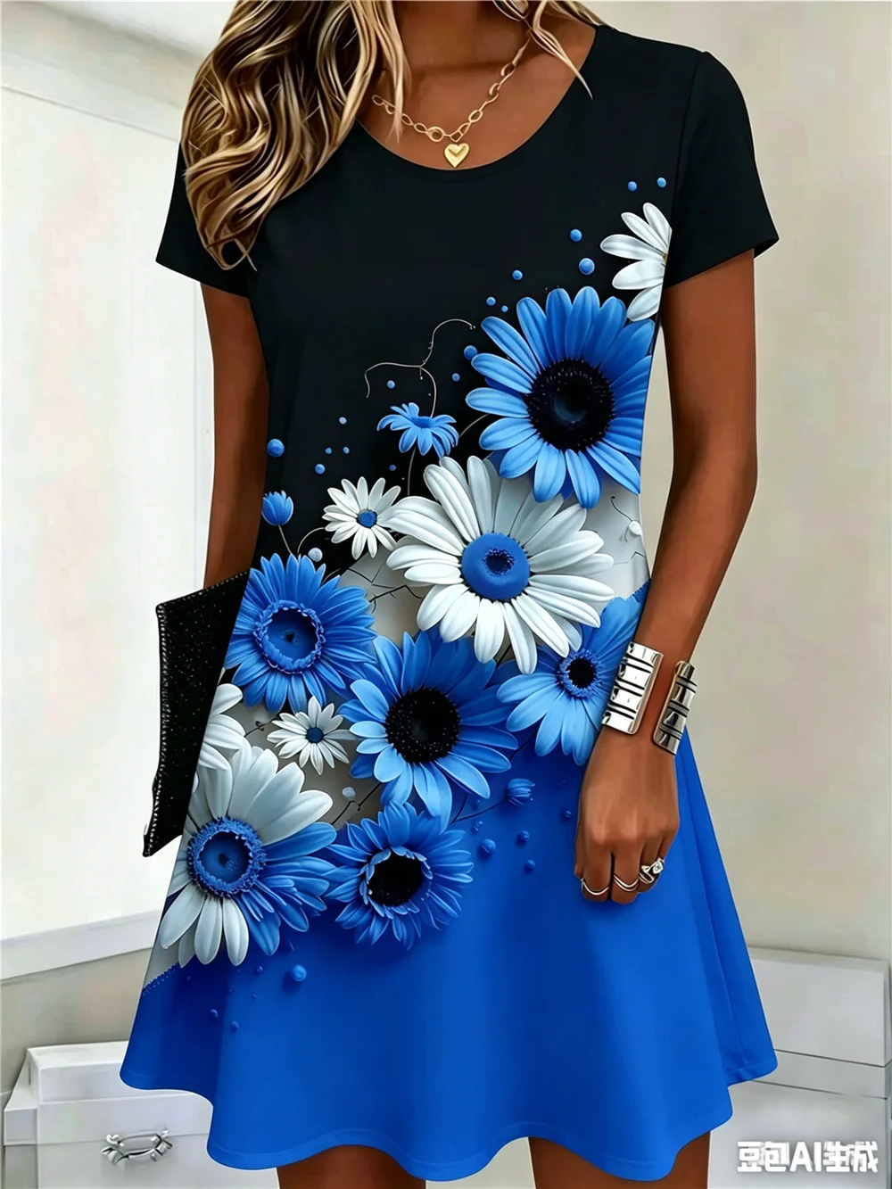 Fashion Street Floral Pattern Women Mini Dresses Summer Short Sleeve 3D Flower Printed Ladies Dress O-Neck Loose Casaul Dress