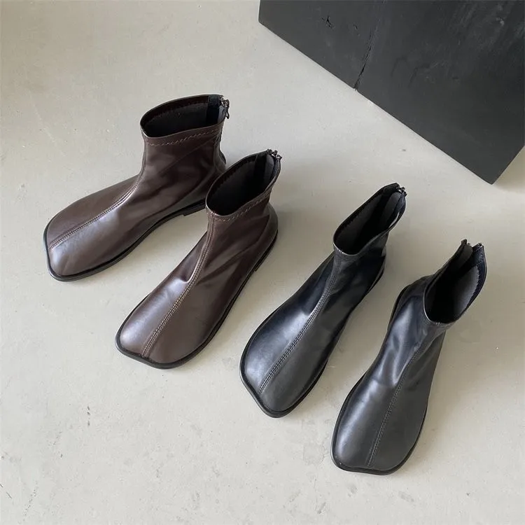 Women Leather Ankle Boots Flats square toe Designer Shoes Trend New Snow Boots Walking Goth Chelsea Boots Zip Female Zapatos