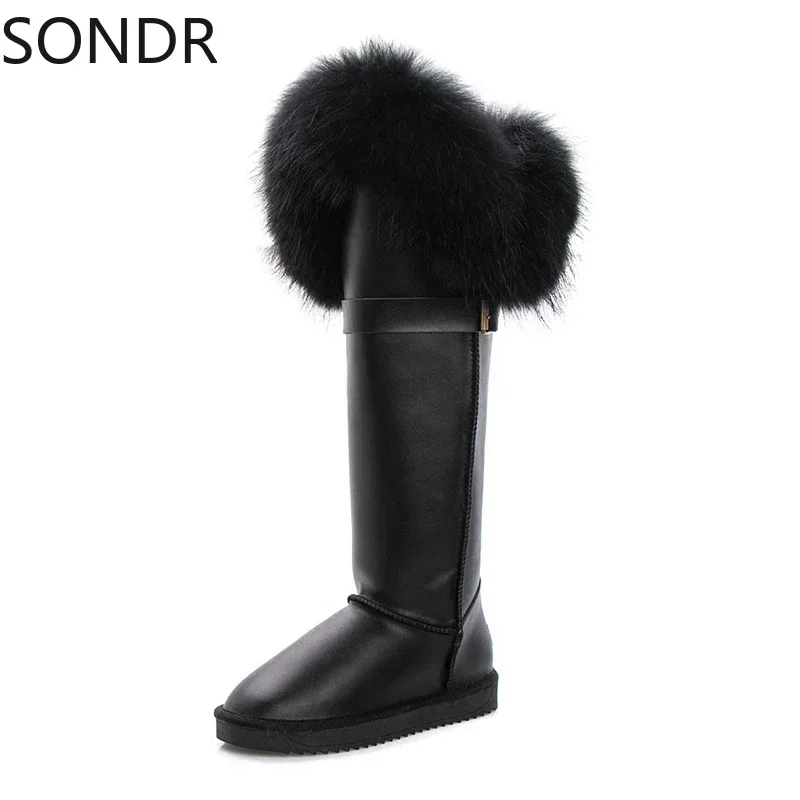 Womens Winter Snow Warm Fur Lining Real Fox Fur Trim Real Leather Knee High Boots Thick 12Colors Flats Shoes Australia New 2024