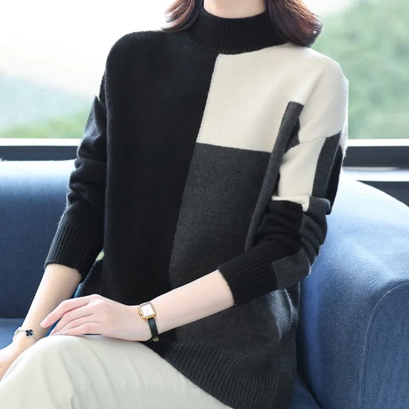 Women\'s Autumn Winter Pullover Turtleneck Contrast Screw Thread Long Sleeve Sweater Knitted Fashion Office Lady Undershirt Tops