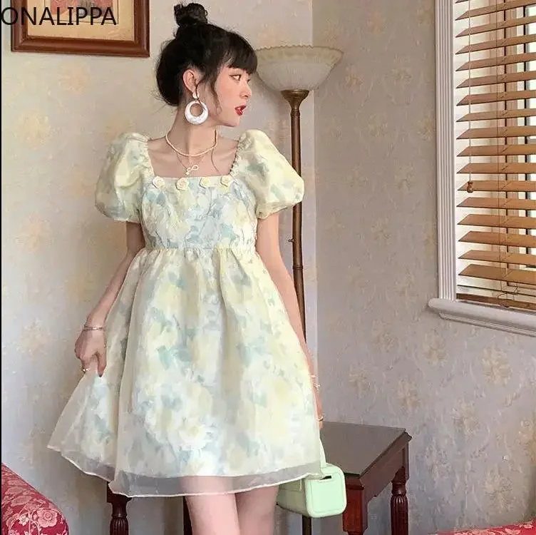 Onalippa High Waist Floral Mini Dress for Women Puff Short Sleeves Mesh Patchwork Dresses Three Dimensional Flowers Vestidos