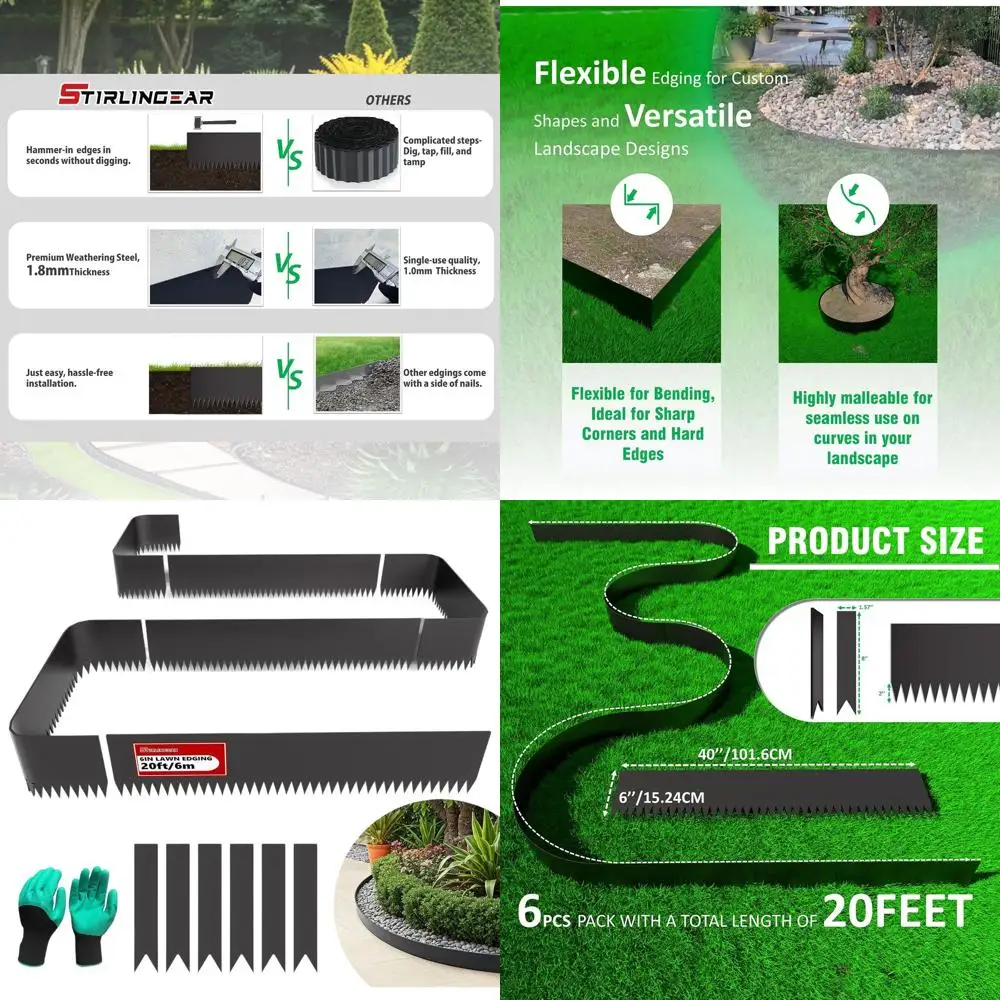 

6-Pack 20ft Galvanized Steel Landscape Edging, 40 Long x 6 High, Lawn & Yard Metal Border with 6 Stakes (Black)