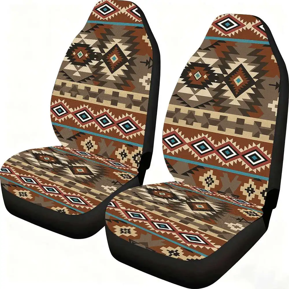 

2pcs Southwest Geometric Tribal Pattern Car Seat Covers Suitable For Front Seats, High Back Design, Material, Suitable For Cars,