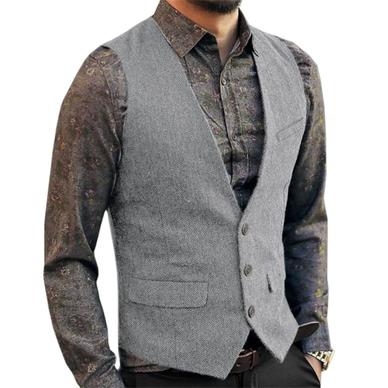 Mannen Visgraat Tweed Pak Vest Single Breasted Slim Fit Vest Mannetjes Plus Size Bruidegom Slijtage Stalknecht Vest Aangepast