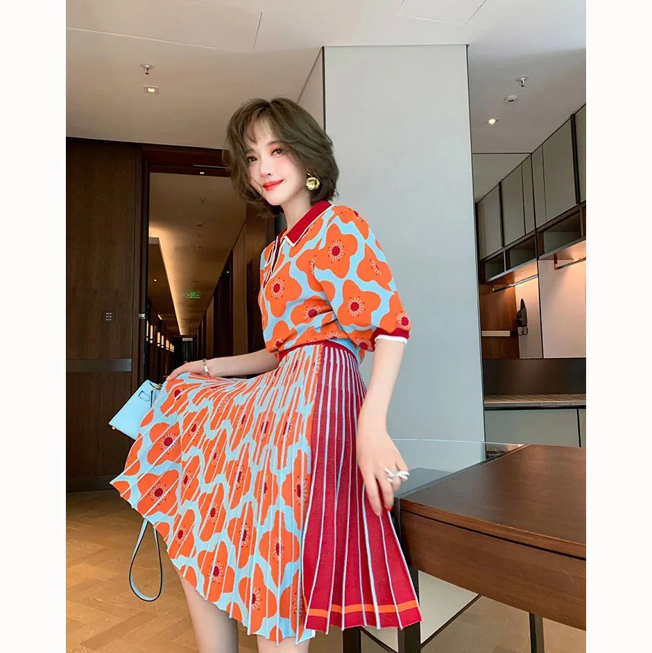 2024 Autumn New Trendy Jacquard Knitted Pullover + Contrast Color Pleated Skirt Sweet Flower Two Piece Sets Womens Outifits