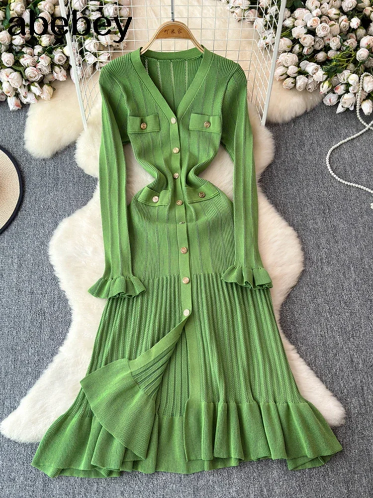 2024 Green Fashion Autumn Winter Knitted Long Dress French Style Letter Buttons Elegant Sweater Dress Lady Office Bodycon